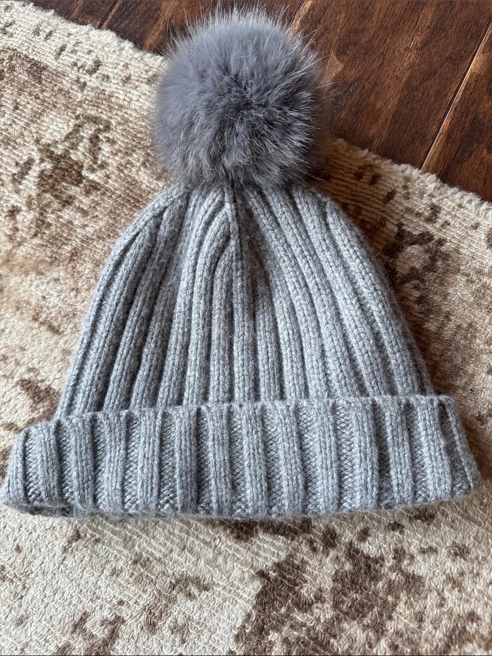 J.Crew Gray Wool Cashmere Ribbed Pom Pom Beanie Hat One Size